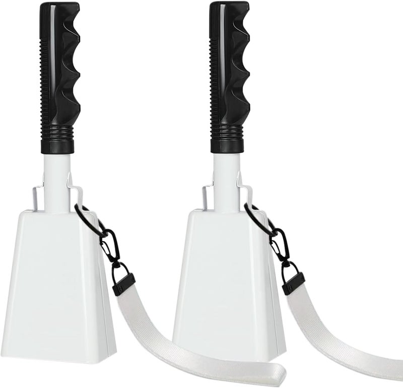 HEYLEAYAR 10Inch Cowbells with Handle for Sporting Events, 2Pcs Large Cow Bells with Wrist Straps, Loud Noise Makers for Cheering Football Games Spirit Marathon Weddings Party Noisemakers, White - Image 1